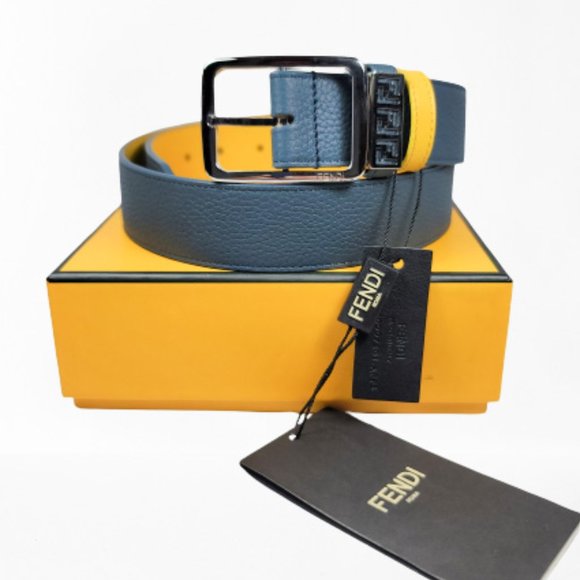 Stunning Fendi Blue/Yellow Calfskin Leather FF Belt